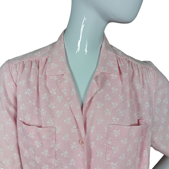 Vintage Graffsport Button Down Blouse Size Medium Pink Ditsy Floral Print Collar - Picture 3 of 7